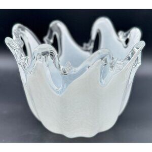 Handmade Italian White Cristal Art Glass Bowl With Waved Rim Design 9"D x 7"H
